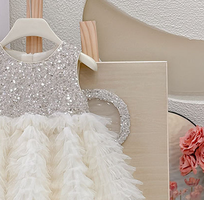 Girls Embellished Round Neck Ruffles A-Line Dress