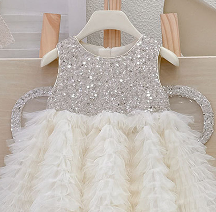 Girls Embellished Round Neck Ruffles A-Line Dress