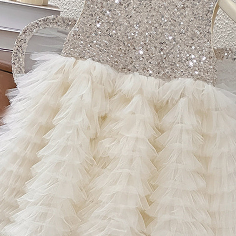 Girls Embellished Round Neck Ruffles A-Line Dress