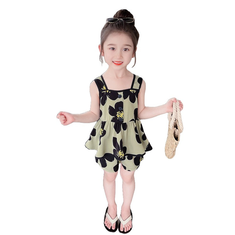 Girls Khaki Colour & Black Floral Printed Top with Shorts