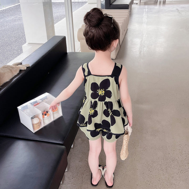 Girls Khaki Colour & Black Floral Printed Top with Shorts