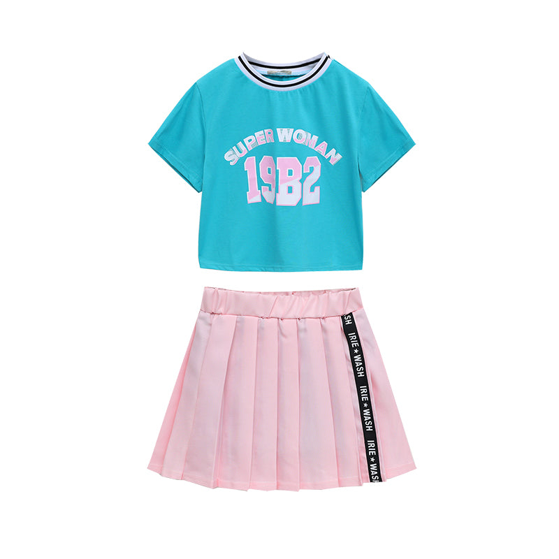 Girls Blue Printed Pure Cotton T-shirt With Skirt