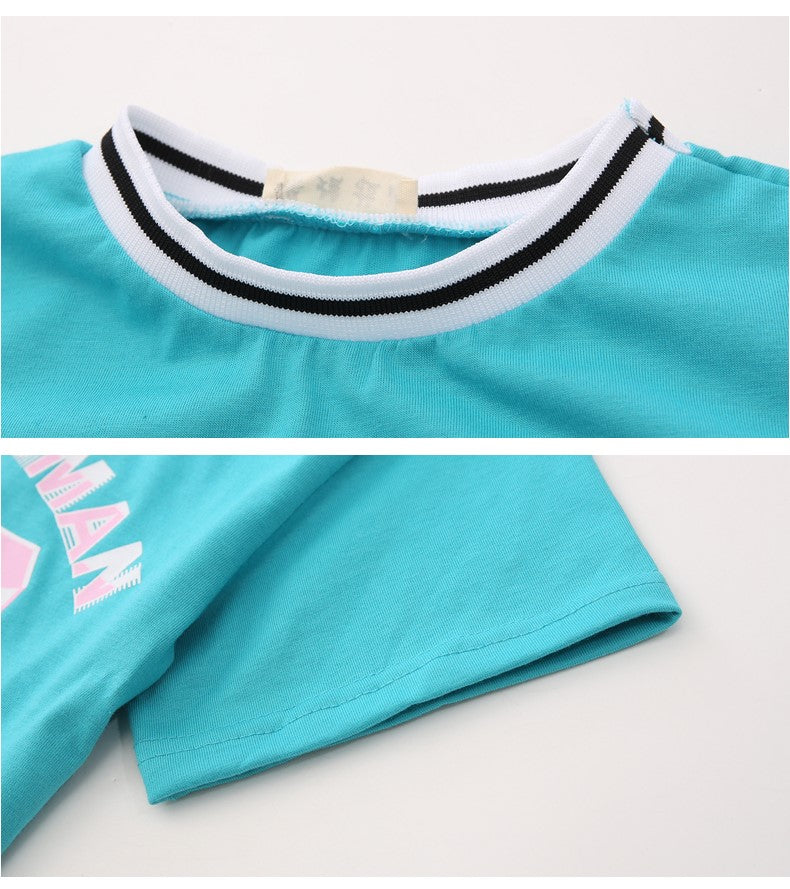 Girls Blue Printed Pure Cotton T-shirt With Skirt