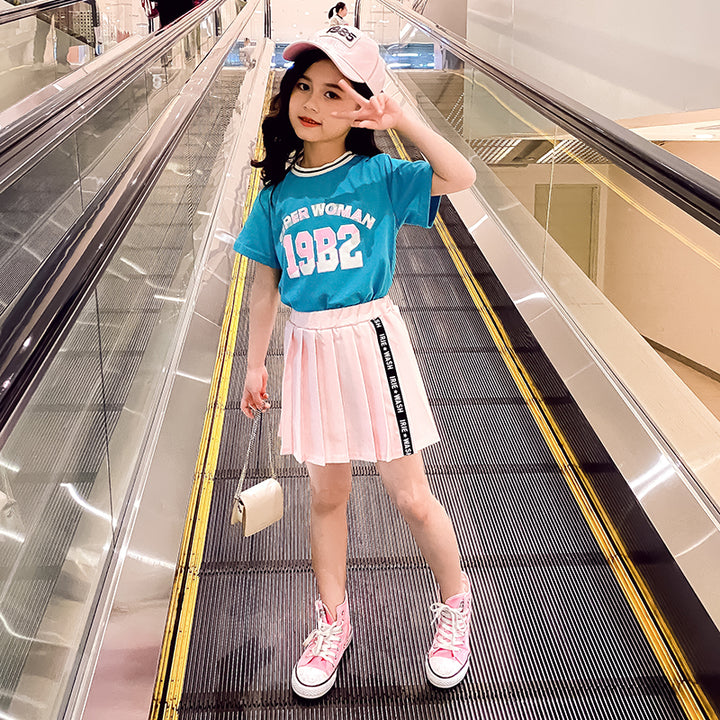 Girls Blue Printed Pure Cotton T-shirt With Skirt