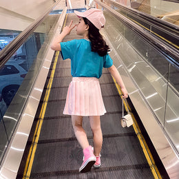 Girls Blue Printed Pure Cotton T-shirt With Skirt