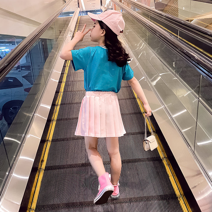 Girls Blue Printed Pure Cotton T-shirt With Skirt