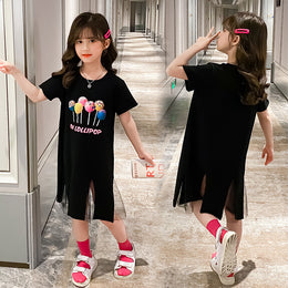 Girls Black Cotton Print A Line Dress