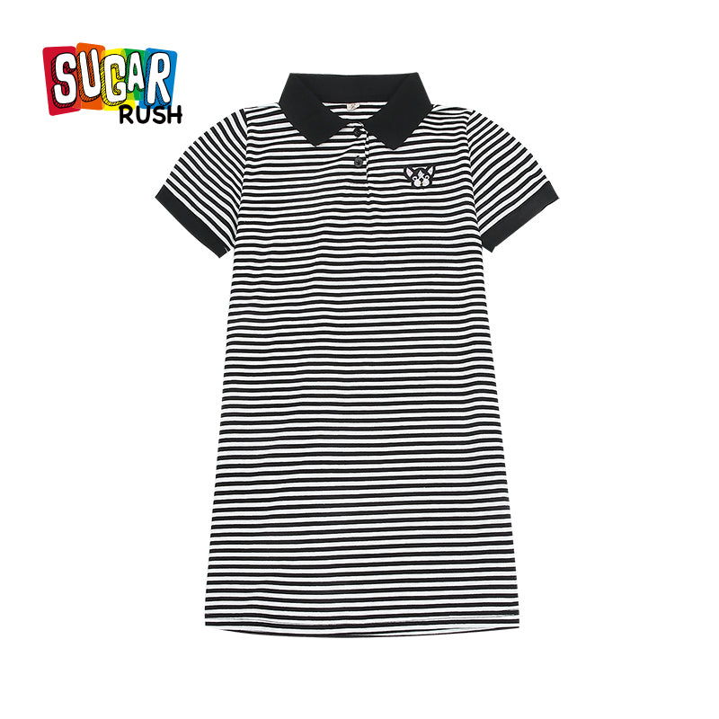 Girls Black Striped Cotton T-shirt Midi Dress