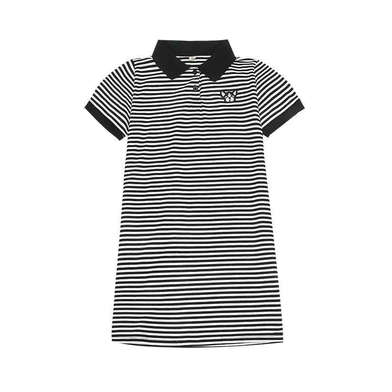 Girls Black Striped Cotton T-shirt Midi Dress