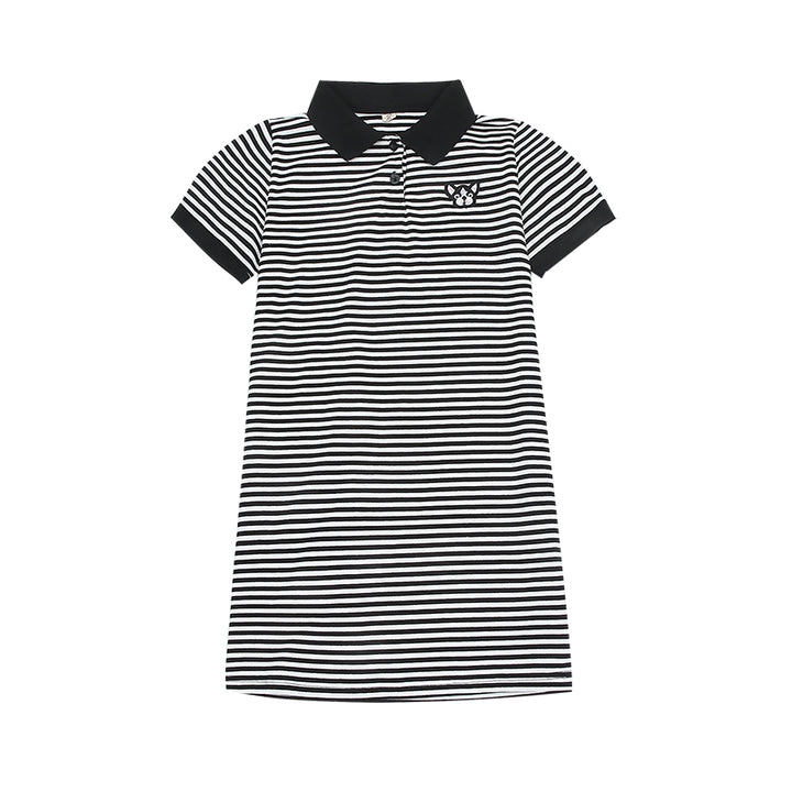 Girls Black Striped Cotton T-shirt Midi Dress