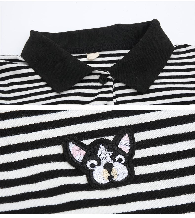 Girls Black Striped Cotton T-shirt Midi Dress