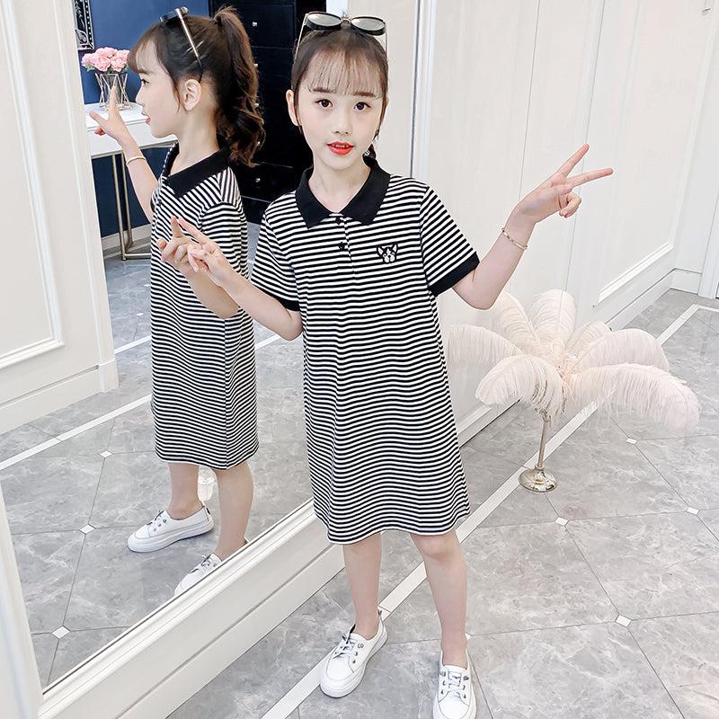 Girls Black Striped Cotton T-shirt Midi Dress