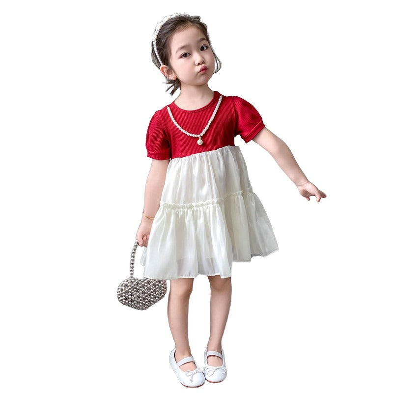 Girls Red & White Colourblocked Layered A-Line Dress