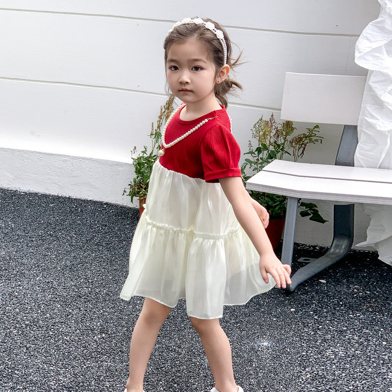 Girls Red & White Colourblocked Layered A-Line Dress