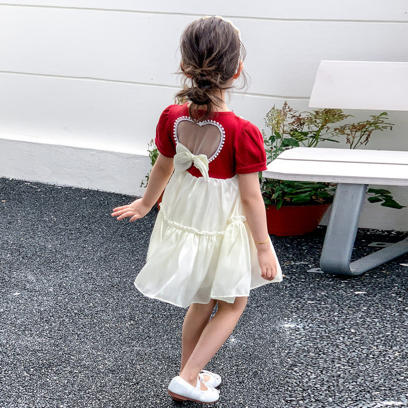 Girls Red & White Colourblocked Layered A-Line Dress