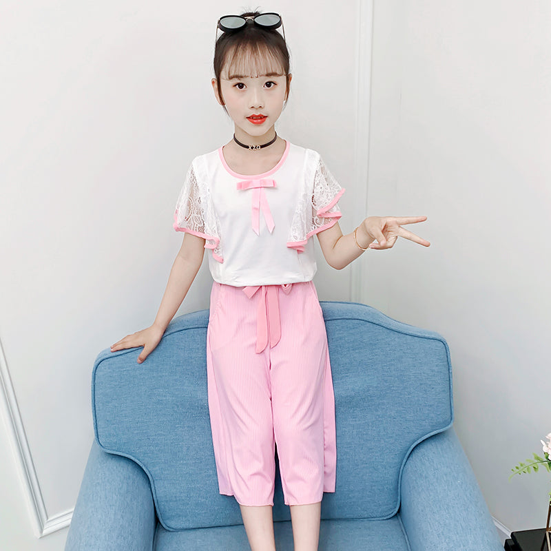 Girls Round Neck Short Sleeves Top with Shorts