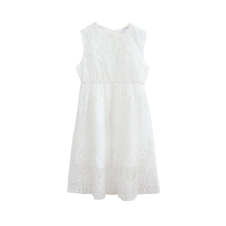 Girls White Self Designed Fit & Flare Midi Dress