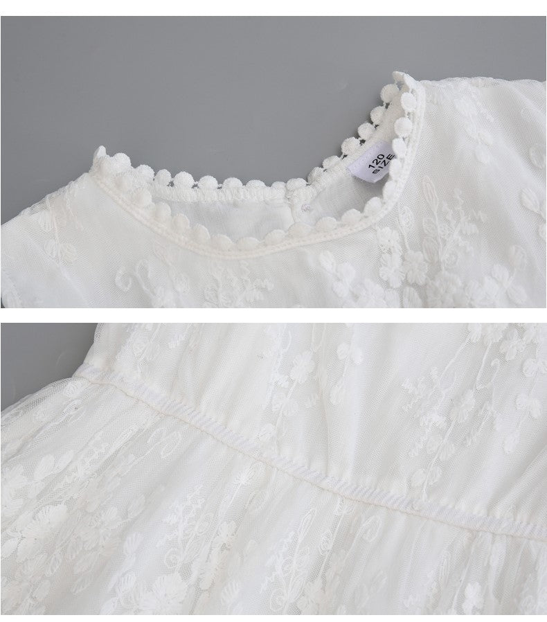Girls White Self Designed Fit & Flare Midi Dress