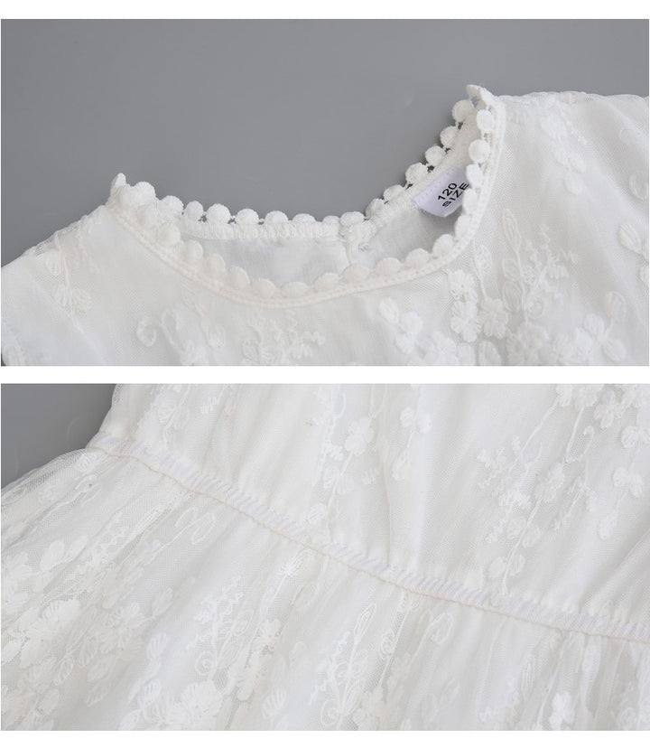 Girls White Self Designed Fit & Flare Midi Dress
