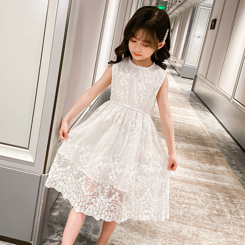 Girls White Self Designed Fit & Flare Midi Dress