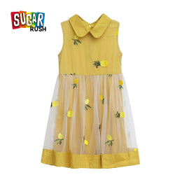 Girls Yellow Floral Embroidered Peter Pan Collar Cotton A-Line Dress
