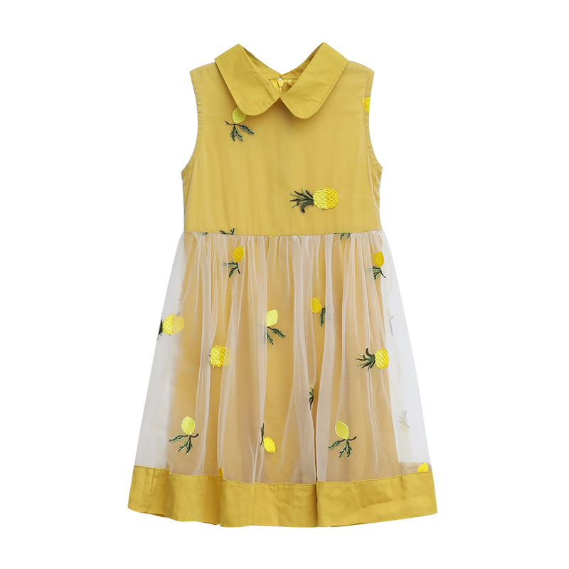 Girls Yellow Floral Embroidered Peter Pan Collar Cotton A-Line Dress