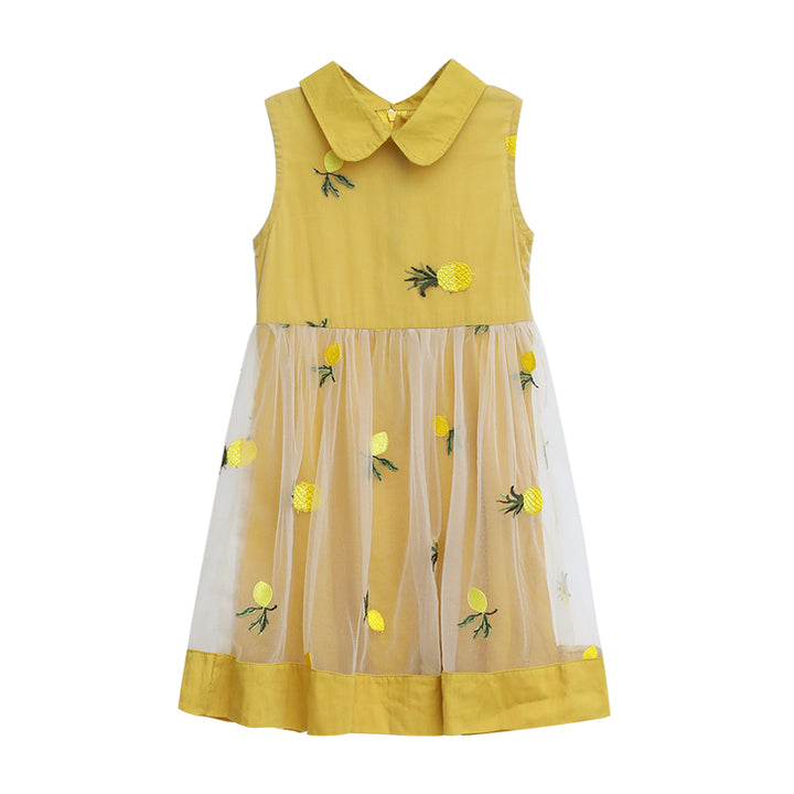 Girls Yellow Floral Embroidered Peter Pan Collar Cotton A-Line Dress