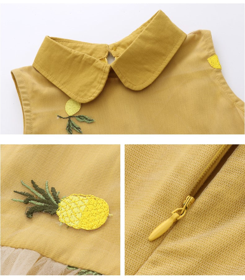 Girls Yellow Floral Embroidered Peter Pan Collar Cotton A-Line Dress