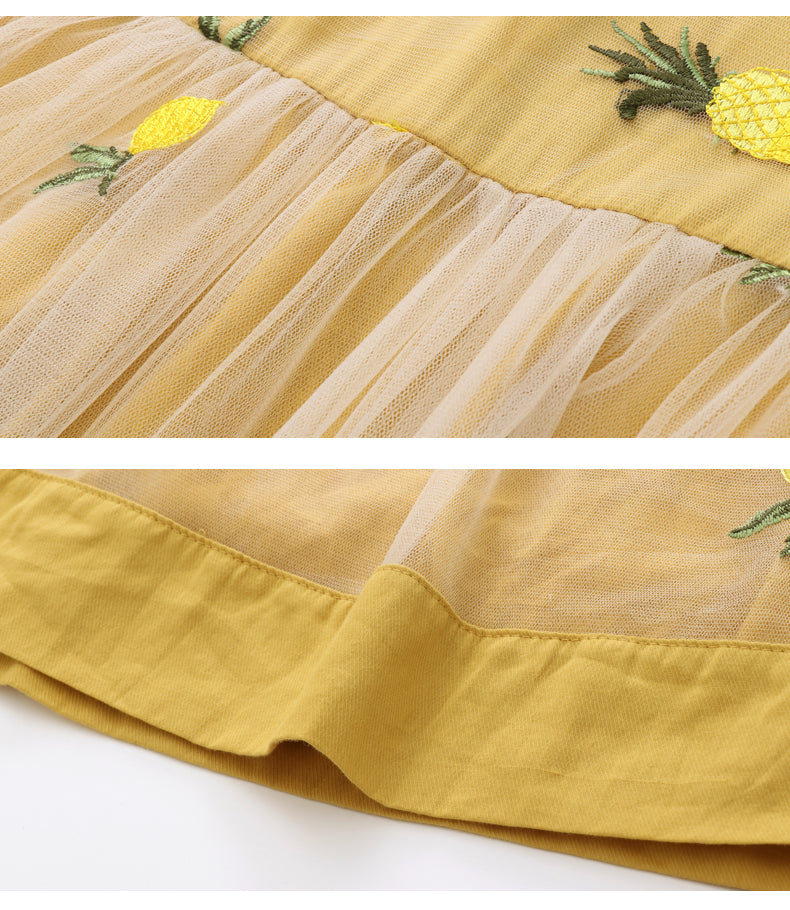 Girls Yellow Floral Embroidered Peter Pan Collar Cotton A-Line Dress