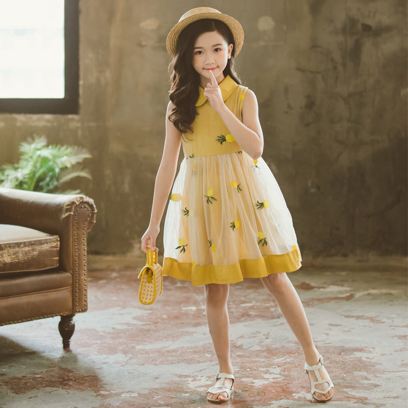 Girls Yellow Floral Embroidered Peter Pan Collar Cotton A-Line Dress