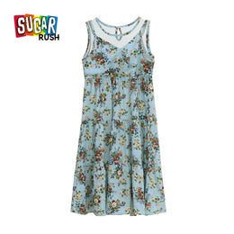Girls Green & Blue Floral Printed A-Line Midi Cotton Dress