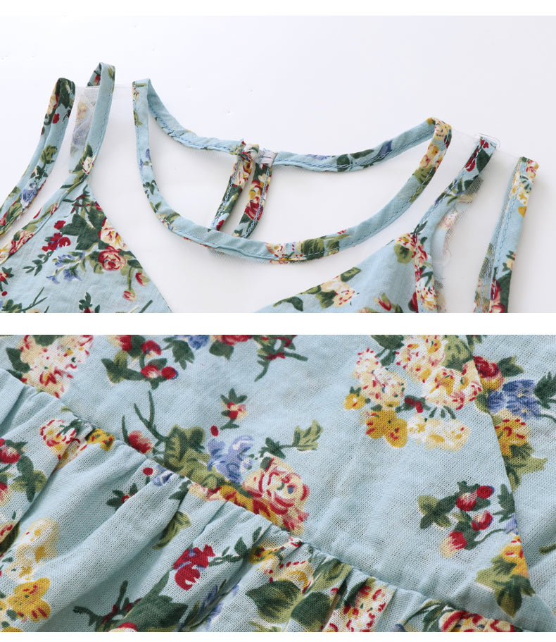 Girls Green & Blue Floral Printed A-Line Midi Cotton Dress