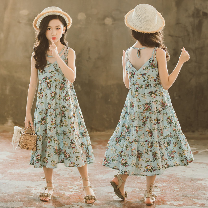 Girls Green & Blue Floral Printed A-Line Midi Cotton Dress