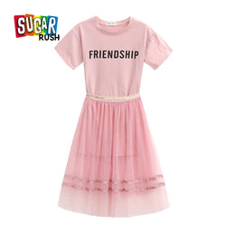 Girls Pink & Black Friendship Printed Top With Skirt