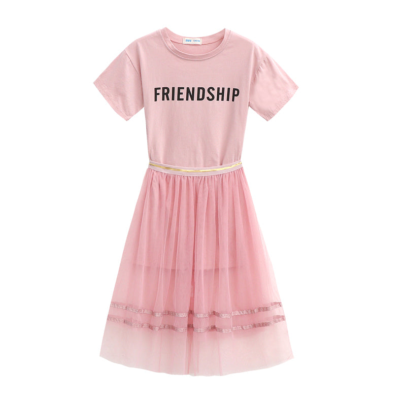 Girls Pink & Black Friendship Printed Top With Skirt