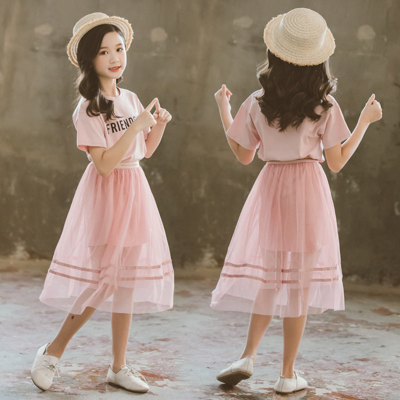 Girls Pink & Black Friendship Printed Top With Skirt