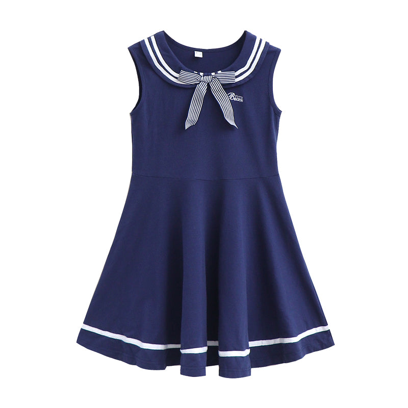 Navy Blue Cotton Flared Peter Pan Collar Fit & Flare Dress