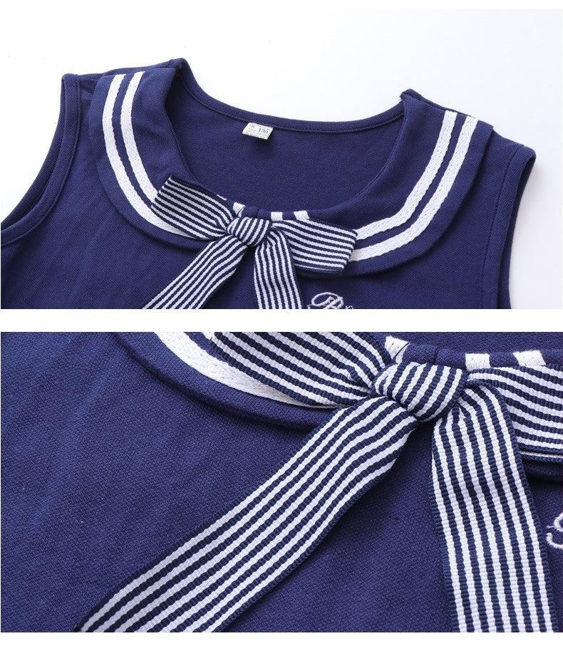 Navy Blue Cotton Flared Peter Pan Collar Fit & Flare Dress