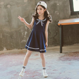 Navy Blue Cotton Flared Peter Pan Collar Fit & Flare Dress