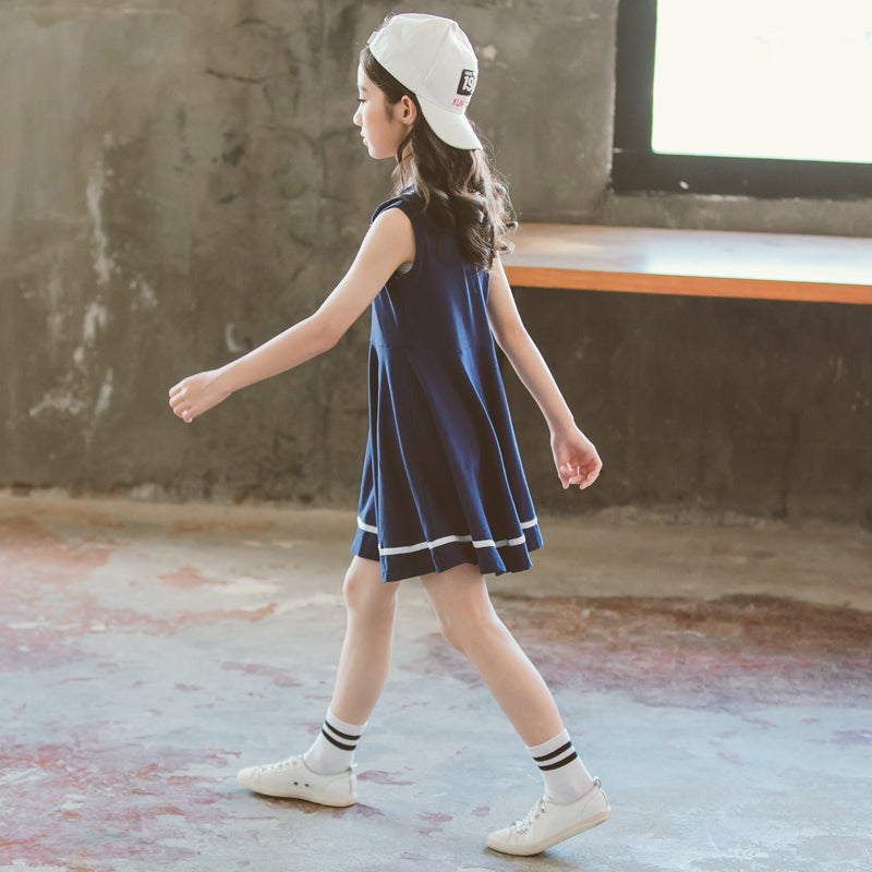 Navy Blue Cotton Flared Peter Pan Collar Fit & Flare Dress