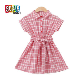 Girls Pink Checked Extended Sleeves Cotton Shirt Dress