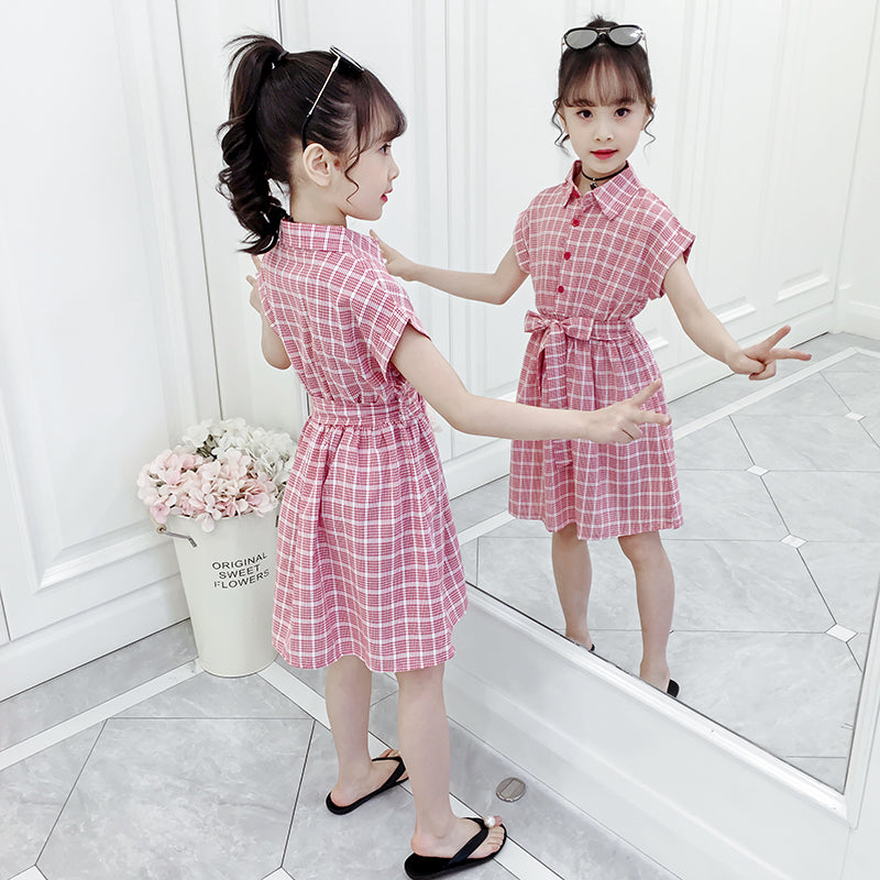 Girls Pink Checked Extended Sleeves Cotton Shirt Dress
