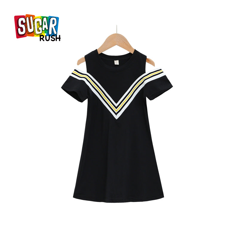 Girls Black & White Cold-Shoulder Sleeves Above Knee Cotton  A-Line Dress