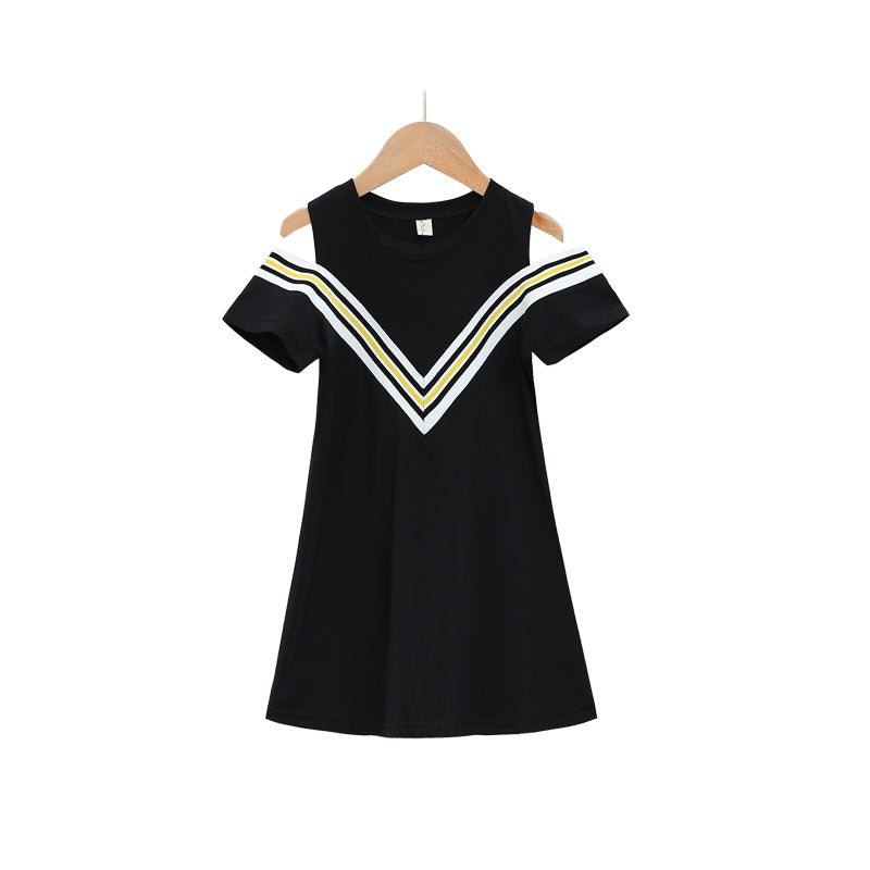 Girls Black & White Cold-Shoulder Sleeves Above Knee Cotton  A-Line Dress
