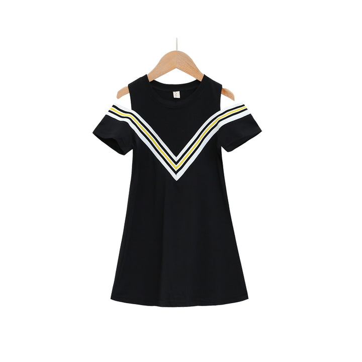 Girls Black & White Cold-Shoulder Sleeves Above Knee Cotton  A-Line Dress