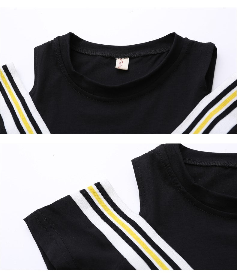 Girls Black & White Cold-Shoulder Sleeves Above Knee Cotton  A-Line Dress