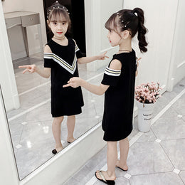 Girls Black & White Cold-Shoulder Sleeves Above Knee Cotton  A-Line Dress