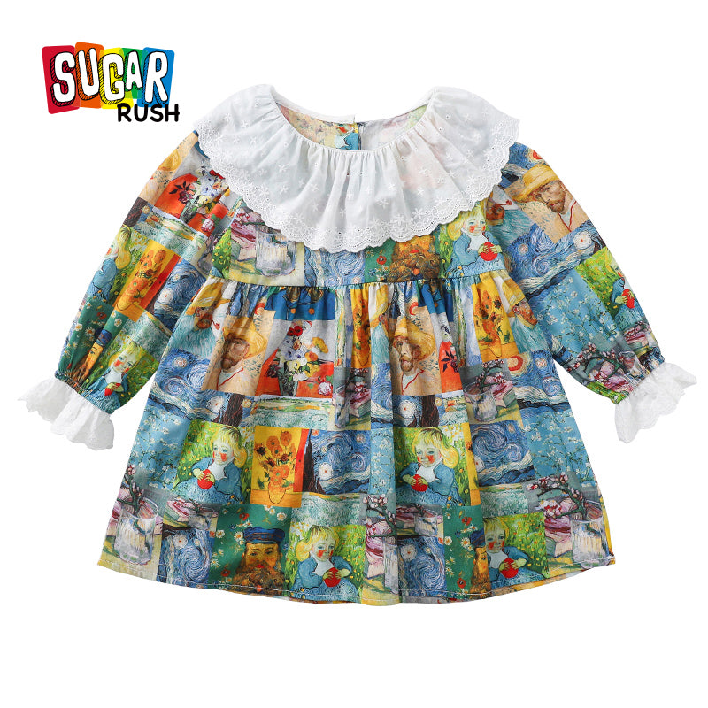 Girls Blue & Orange Graphic Printed Ruffled Cotton A-Line Mini Dress