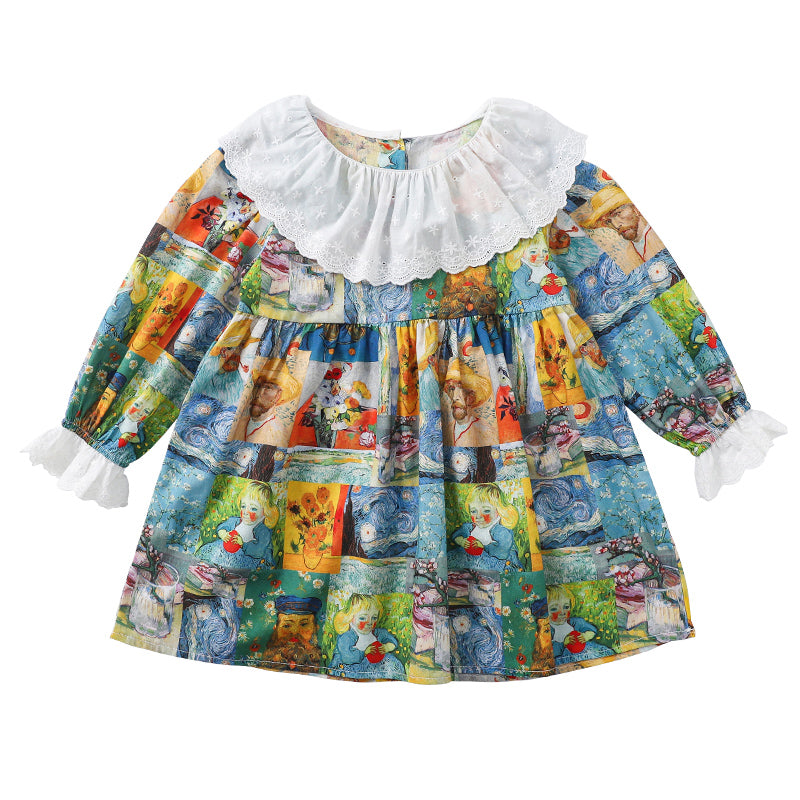 Girls Blue & Orange Graphic Printed Ruffled Cotton A-Line Mini Dress