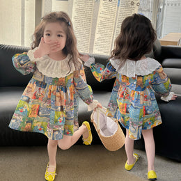 Girls Blue & Orange Graphic Printed Ruffled Cotton A-Line Mini Dress